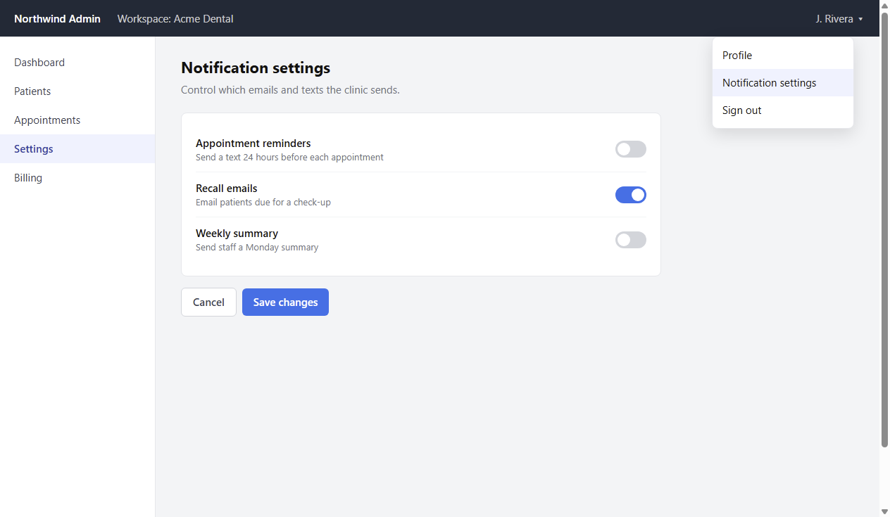 The account menu is open; “Notification settings” is highlighted.