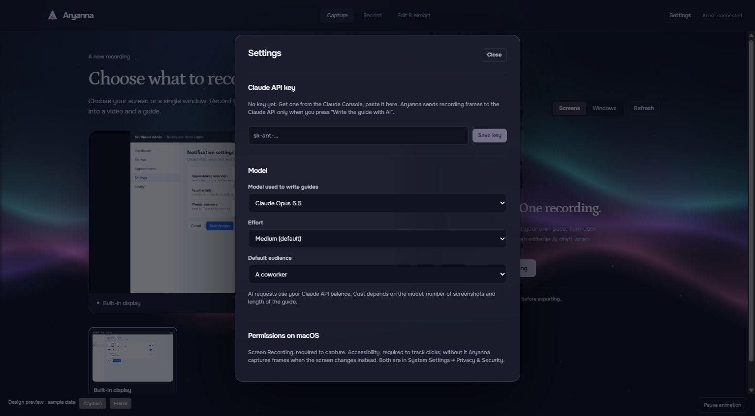 Aryanna settings interface for AI drafting and recording preferences